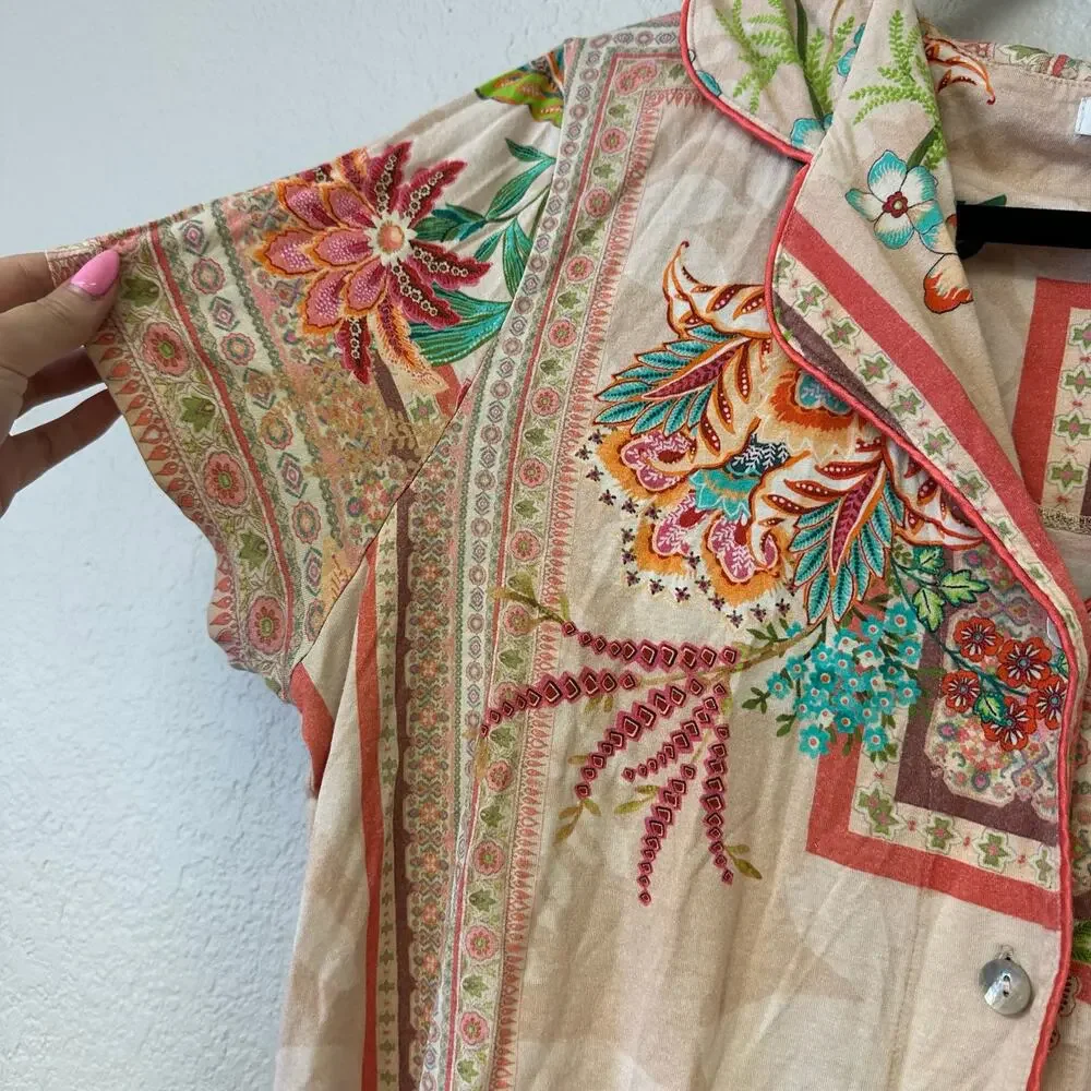 Johnny Was Printed Cotton Lounge Set Button Up Top Wide Leg Pants Rose M - Picture 8 of 9